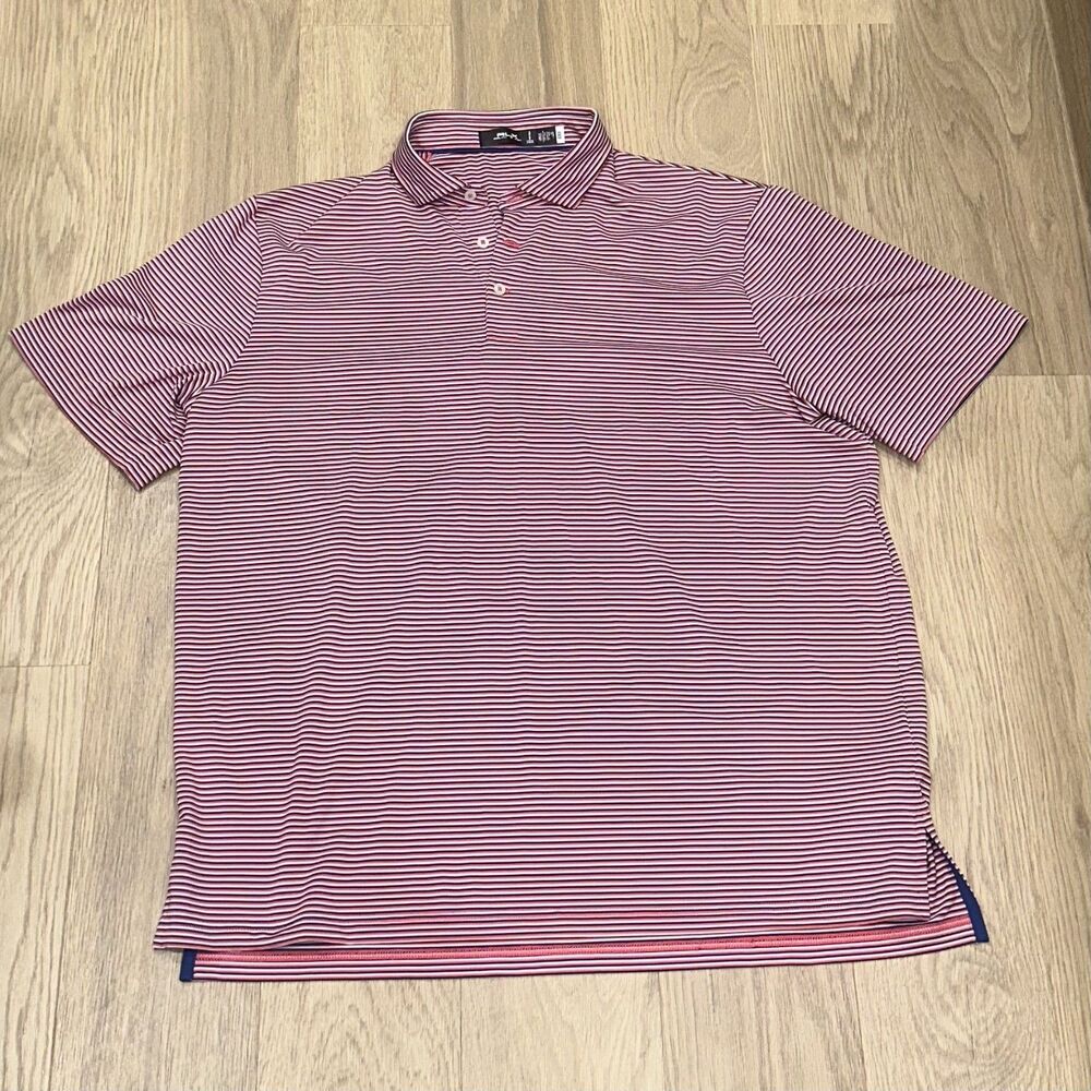 RLX Ralph Lauren Golf Active Polo Shirt Striped Red White Blue Large USA